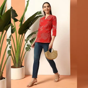 Pure Cotton Short Kurta Tunic Top for Women Red Floral - Image 6