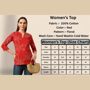 Pure Cotton Short Kurta Tunic Top for Women Red Floral - Image 9