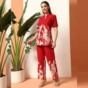 Red Floral Print Cotton Kurta Set, Women Co Ord Set - Image 4