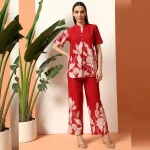 Red Floral Print Cotton Kurta Set, Women Co Ord Set - Image 3