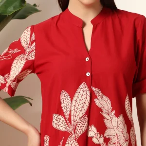Red Floral Print Cotton Kurta Set, Women Co Ord Set - Image 6