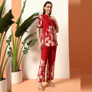 Red Floral Print Cotton Kurta Set, Women Co Ord Set - Image 5