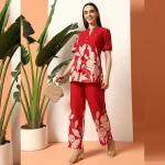 Red Floral Print Cotton Kurta Set, Women Co Ord Set