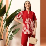 Red Floral Print Cotton Kurta Set, Women Co Ord Set - Image 2