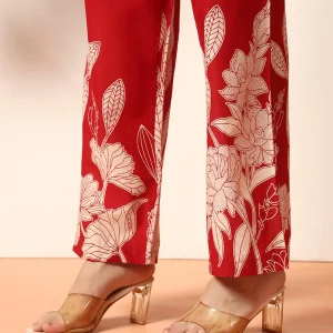 Red Floral Print Cotton Kurta Set, Women Co Ord Set - Image 7
