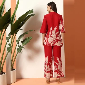 Red Floral Print Cotton Kurta Set, Women Co Ord Set - Image 9