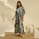 Sea Green Floral Bird Cotton Plus Size Kaftan Dress - Image 3