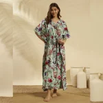 Sea Green Floral Bird Cotton Plus Size Kaftan Dress - Image 4