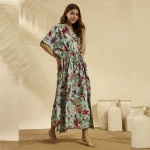 Sea Green Floral Bird Cotton Plus Size Kaftan Dress - Image 5