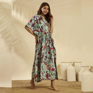 Sea Green Floral Bird Cotton Plus Size Kaftan Dress - Image 5