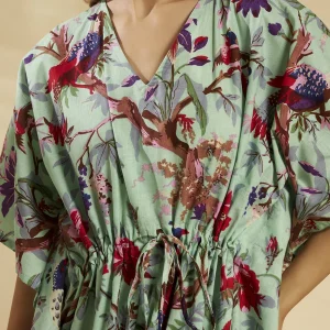 Sea Green Floral Bird Cotton Plus Size Kaftan Dress - Image 7
