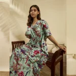 Sea Green Floral Bird Cotton Plus Size Kaftan Dress - Image 2