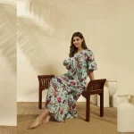 Sea Green Floral Bird Cotton Plus Size Kaftan Dress