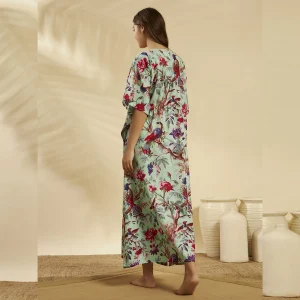 Sea Green Floral Bird Cotton Plus Size Kaftan Dress - Image 6