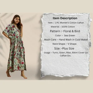 Sea Green Floral Bird Cotton Plus Size Kaftan Dress - Image 8