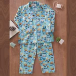 Turquoise Kids Construction Vehicle Print Cotton Night Suit - Image 2