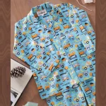 Turquoise Kids Construction Vehicle Print Cotton Night Suit - Image 3