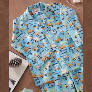 Turquoise Kids Construction Vehicle Print Cotton Night Suit - Image 3