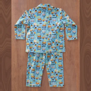 Turquoise Kids Construction Vehicle Print Cotton Night Suit - Image 4