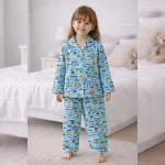 Turquoise Kids Construction Vehicle Print Cotton Night Suit
