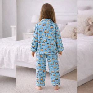 Turquoise Kids Construction Vehicle Print Cotton Night Suit - Image 5