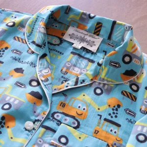 Turquoise Kids Construction Vehicle Print Cotton Night Suit - Image 6