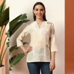 White Geometric Print V-Neck Top | 3/4 Sleeve Western Tunic - Image 2