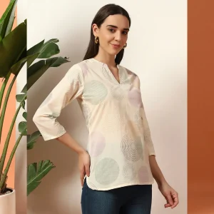 White Geometric Print V-Neck Top | 3/4 Sleeve Western Tunic - Image 3