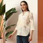 White Geometric Print V-Neck Top | 3/4 Sleeve Western Tunic - Image 4