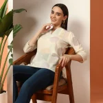 White Geometric Print V-Neck Top | 3/4 Sleeve Western Tunic