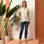 White Geometric Print V-Neck Top | 3/4 Sleeve Western Tunic - Image 6
