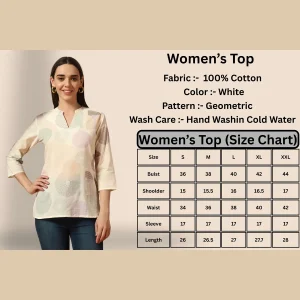 White Geometric Print V-Neck Top | 3/4 Sleeve Western Tunic - Image 9
