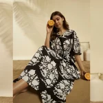 Women Black Floral Cotton Kaftan Plus Size Maxi