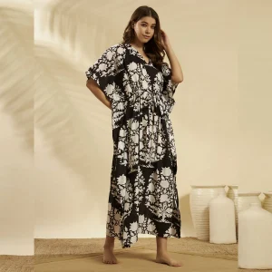 Women Black Floral Cotton Kaftan Plus Size Maxi - Image 4