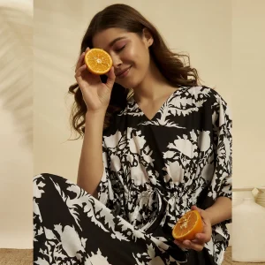 Women Black Floral Cotton Kaftan Plus Size Maxi - Image 7