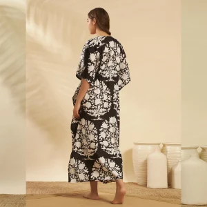Women Black Floral Cotton Kaftan Plus Size Maxi - Image 5