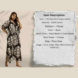 Women Black Floral Cotton Kaftan Plus Size Maxi - Image 8
