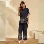Women Blue Cotton Cord Set Floral Printed Top & Pant - Image 3