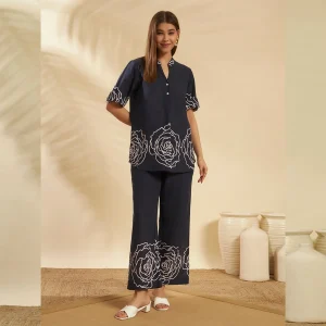 Women Blue Cotton Cord Set Floral Printed Top & Pant - Image 4
