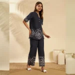 Women Blue Cotton Cord Set Floral Printed Top & Pant - Image 5