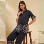 Women Blue Cotton Cord Set Floral Printed Top & Pant - Image 2