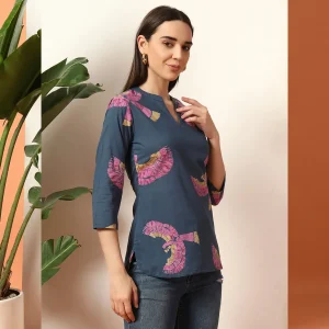 Women Comfortable Everyday Wear Cotton Tops Blue Bird - Image 3