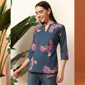 Women Comfortable Everyday Wear Cotton Tops Blue Bird - Image 4
