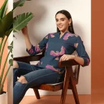 Women Comfortable Everyday Wear Cotton Tops Blue Bird