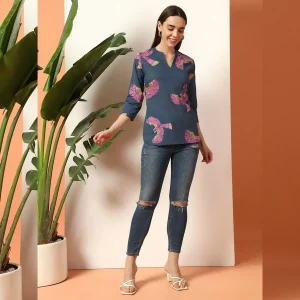 Women Comfortable Everyday Wear Cotton Tops Blue Bird - Image 6