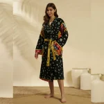 Women Cotton Black Astrology Print Robe Long Kimono - Image 3