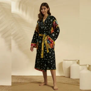 Women Cotton Black Astrology Print Robe Long Kimono - Image 3