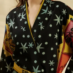 Women Cotton Black Astrology Print Robe Long Kimono - Image 6