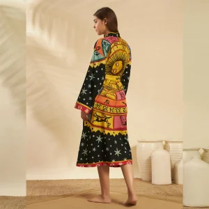 Women Cotton Black Astrology Print Robe Long Kimono - Image 7