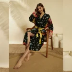 Women Cotton Black Astrology Print Robe Long Kimono